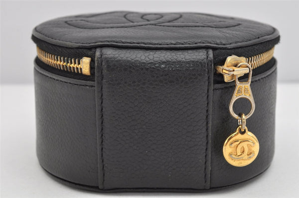 Authentic CHANEL Vintage Caviar Skin CC Logo Cosmetic Pouch Purse Black 1759K