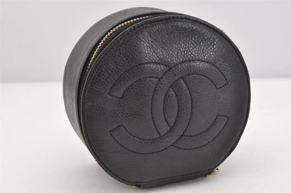 Authentic CHANEL Vintage Caviar Skin CC Logo Cosmetic Pouch Purse Black 1759K