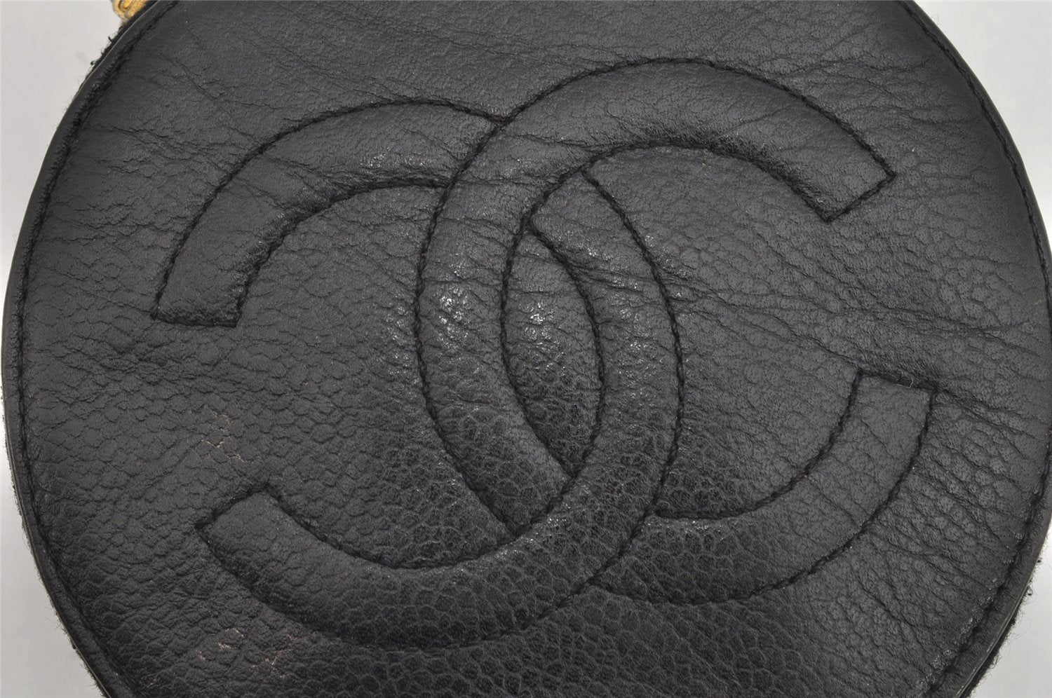 Authentic CHANEL Vintage Caviar Skin CC Logo Cosmetic Pouch Purse Black 1759K