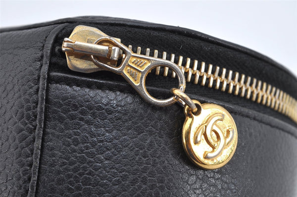 Authentic CHANEL Vintage Caviar Skin CC Logo Cosmetic Pouch Purse Black 1759K