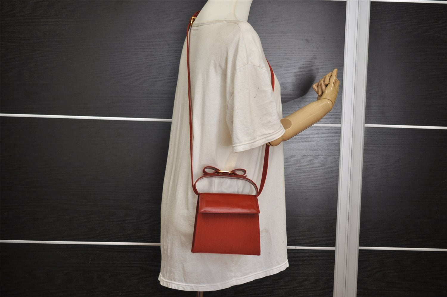 Authentic Salvatore Ferragamo Vara Ribbon Leather Canvas 2Way Hand Bag Red 1760I