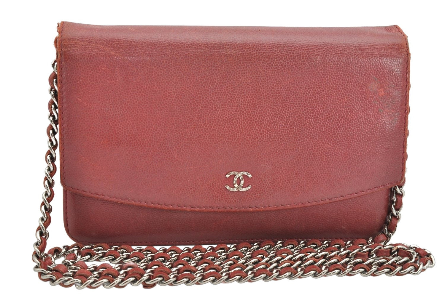 Authentic CHANEL Caviar Skin CC Logo Chain Shoulder Long Wallet Purse Pink 1761K