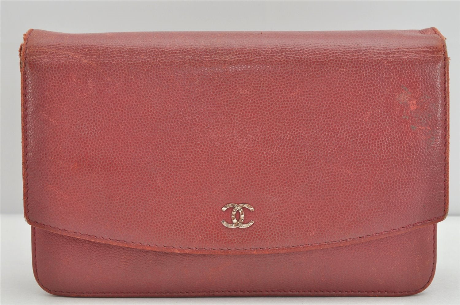 Authentic CHANEL Caviar Skin CC Logo Chain Shoulder Long Wallet Purse Pink 1761K