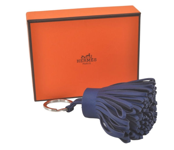 Authentic HERMES Tassel Carmen Key Ring Bag Charm Leather Blue Box 1761L