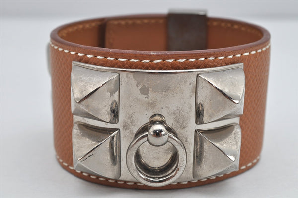 Authentic HERMES Collier de Chien Bangle Bracelet Leather Brown Silver 1762K