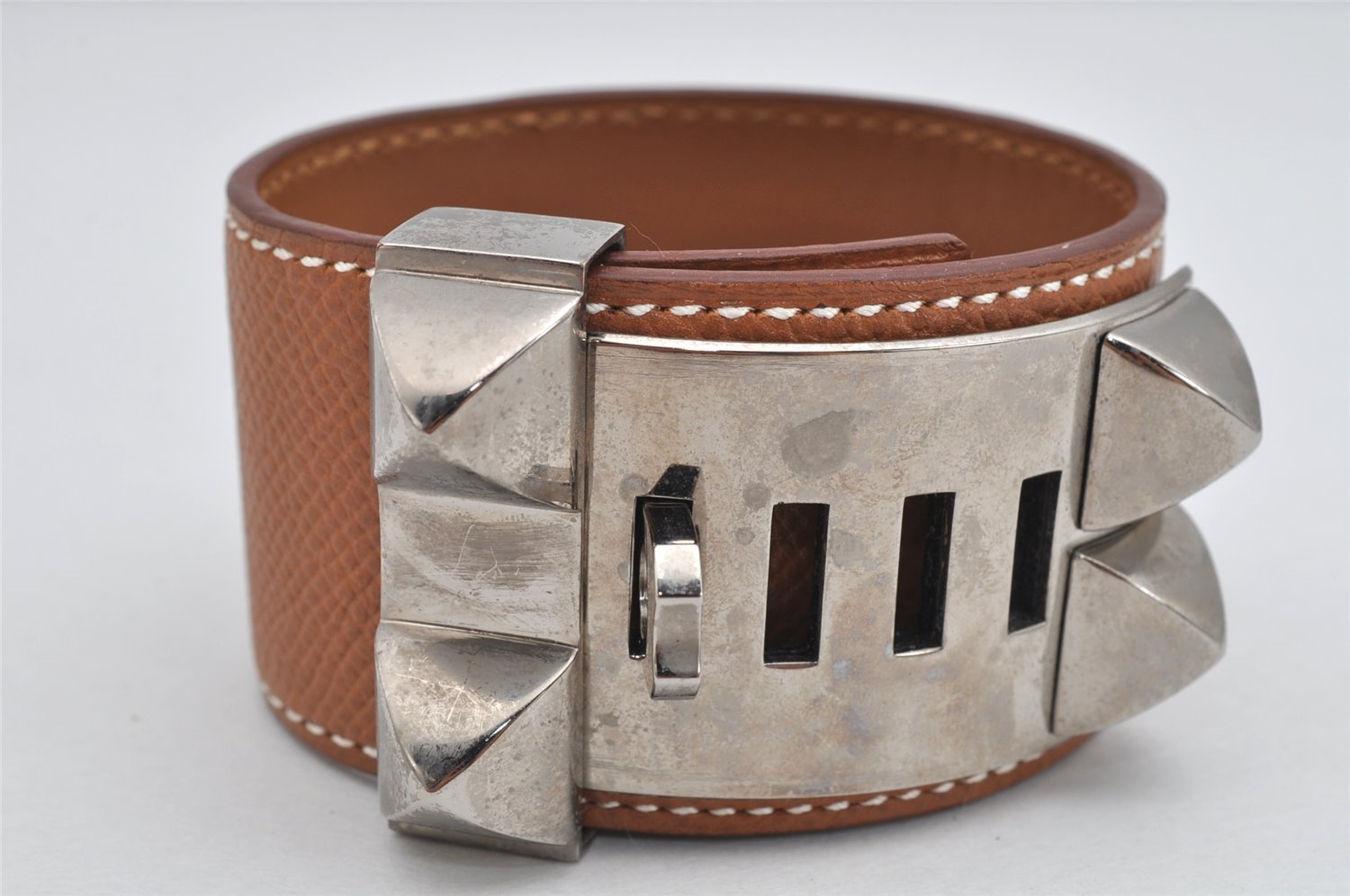 Authentic HERMES Collier de Chien Bangle Bracelet Leather Brown Silver 1762K