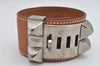 Authentic HERMES Collier de Chien Bangle Bracelet Leather Brown Silver 1762K