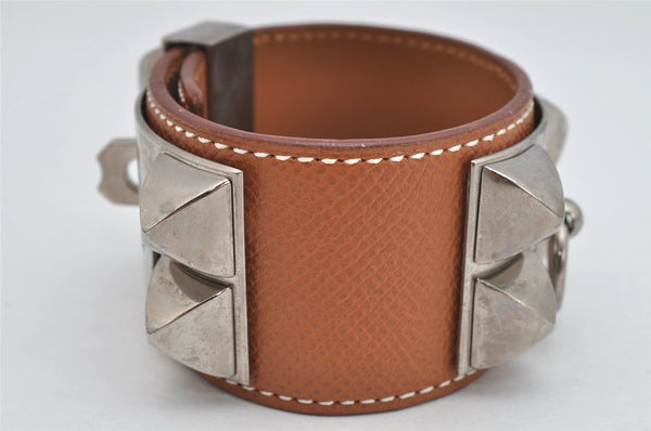 Authentic HERMES Collier de Chien Bangle Bracelet Leather Brown Silver 1762K