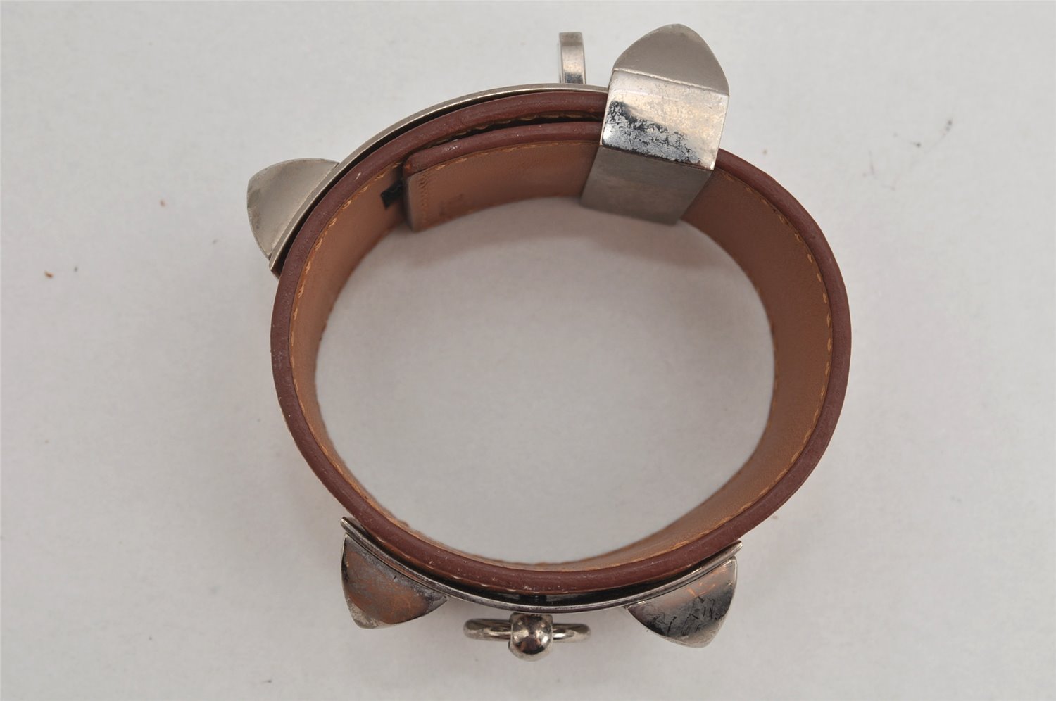 Authentic HERMES Collier de Chien Bangle Bracelet Leather Brown Silver 1762K