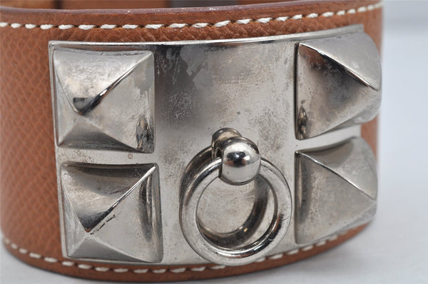 Authentic HERMES Collier de Chien Bangle Bracelet Leather Brown Silver 1762K