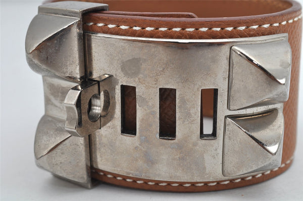 Authentic HERMES Collier de Chien Bangle Bracelet Leather Brown Silver 1762K