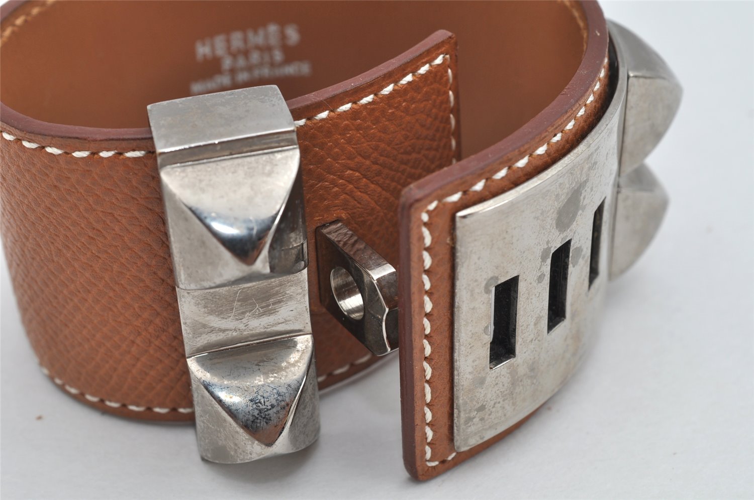 Authentic HERMES Collier de Chien Bangle Bracelet Leather Brown Silver 1762K