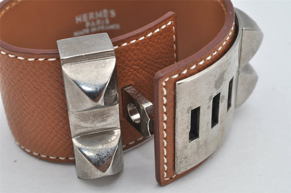 Authentic HERMES Collier de Chien Bangle Bracelet Leather Brown Silver 1762K