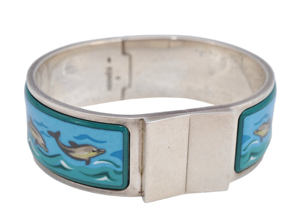 Authentic HERMES Email GM Bangle Dolphin Motif Silver Blue 1763K