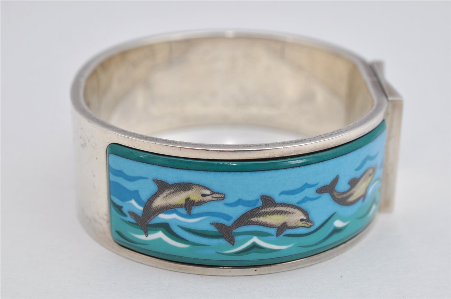 Authentic HERMES Email GM Bangle Dolphin Motif Silver Blue 1763K