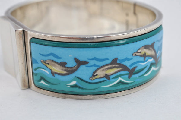 Authentic HERMES Email GM Bangle Dolphin Motif Silver Blue 1763K