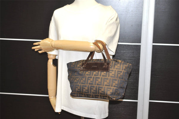 Authentic FENDI Zucca Folding Tote Hand Bag Purse Nylon Leather Brown 1764I