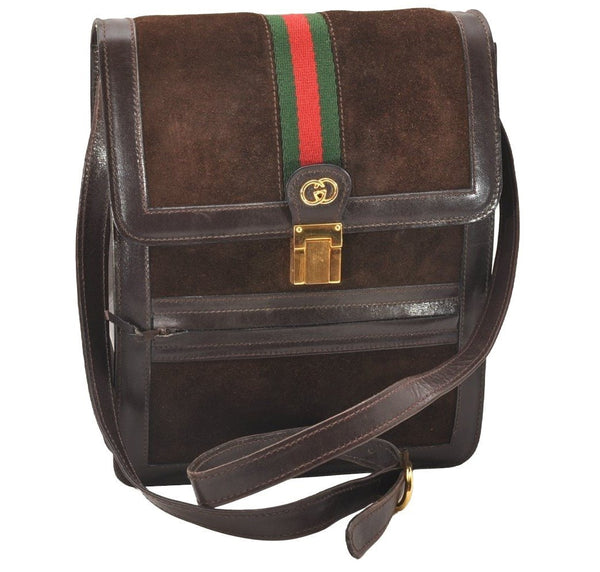Authentic GUCCI Web Sherry Line Shoulder Bag Purse Suede Leather Brown 1764J