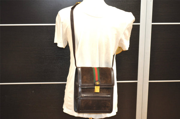 Authentic GUCCI Web Sherry Line Shoulder Bag Purse Suede Leather Brown 1764J