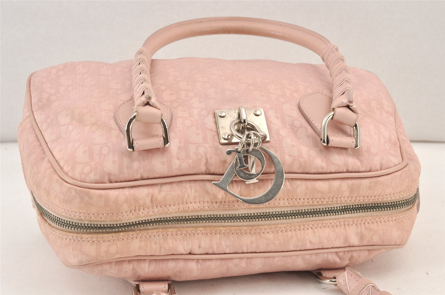 Authentic Christian Dior Trotter Lovely Hand Bag Purse Nylon Leather Pink 1771K