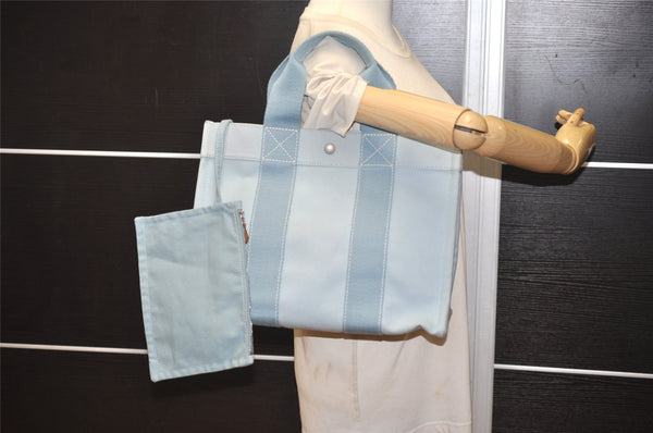 Authentic HERMES Vintage Coquillage PM Tote Bag Canvas Light Blue 1777K