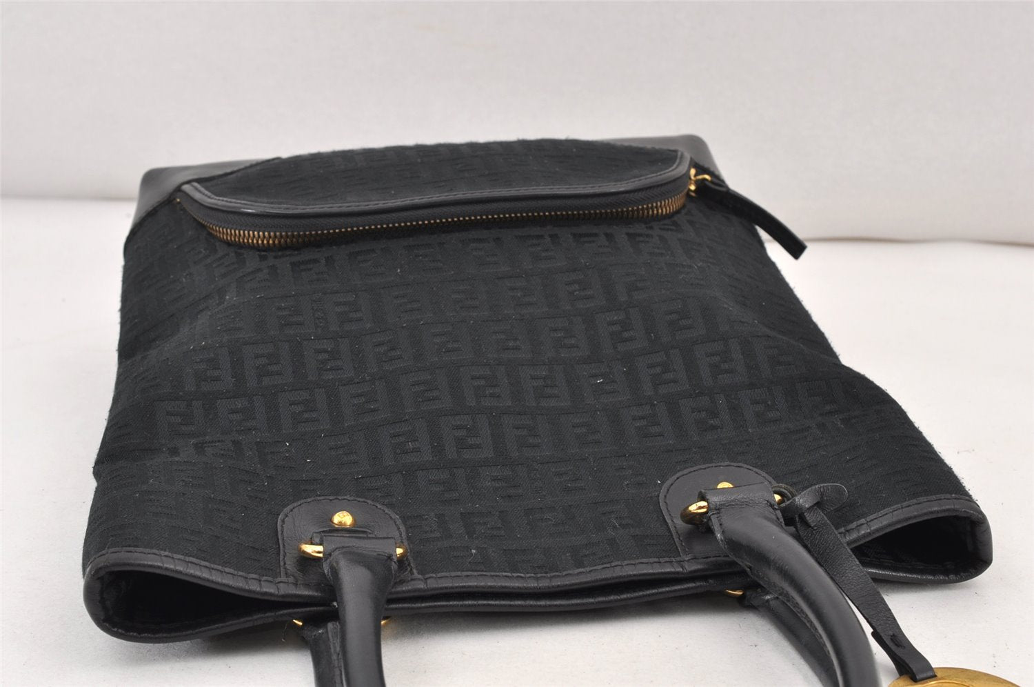 Authentic FENDI Zucchino Tote Hand Bag Purse Canvas Leather Black 1779K