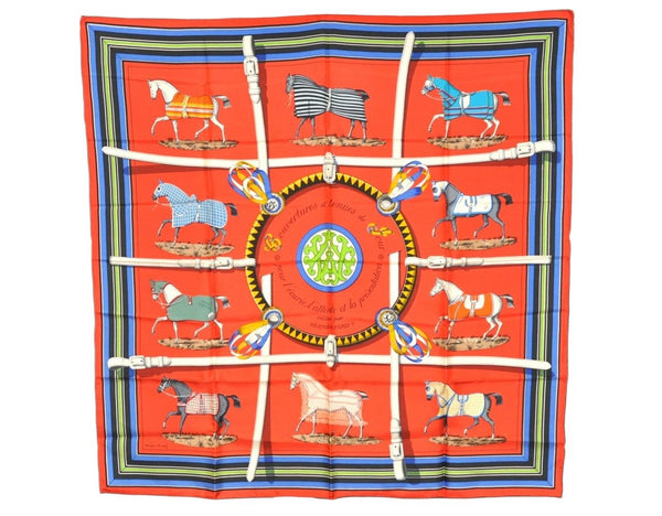 Auth HERMES Carre 90 Scarf "Couvertures et Tenues de Jour" Silk Red Box 1788K