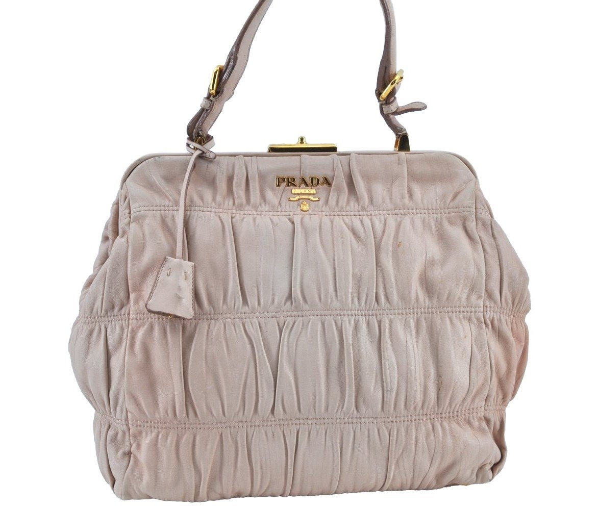 Authentic PRADA Vintage Leather Nappa Shoulder Hand Bag Purse Beige 1797G