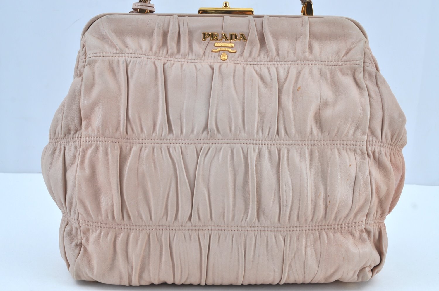 Authentic PRADA Vintage Leather Nappa Shoulder Hand Bag Purse Beige 1797G