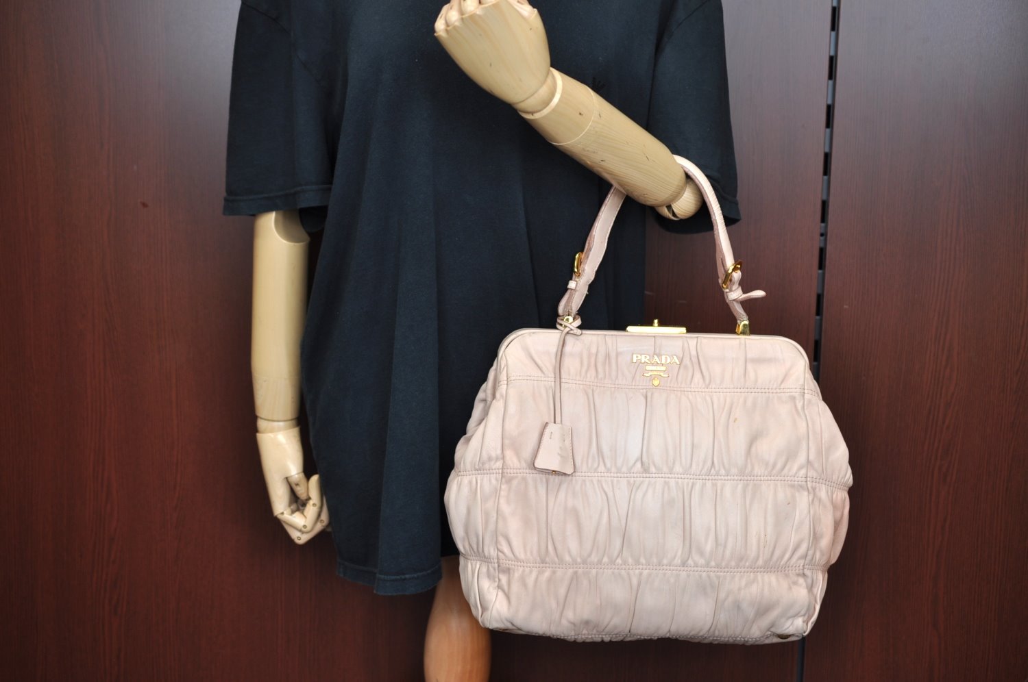 Authentic PRADA Vintage Leather Nappa Shoulder Hand Bag Purse Beige 1797G