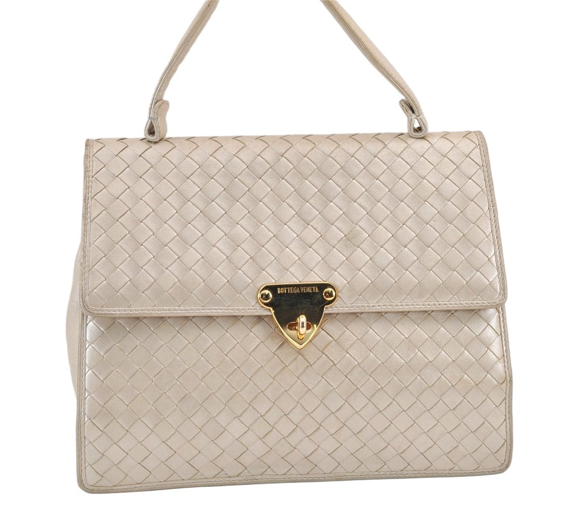 Authentic BOTTEGA VENETA Vintage Intrecciato Leather Hand Bag Purse White 1813K