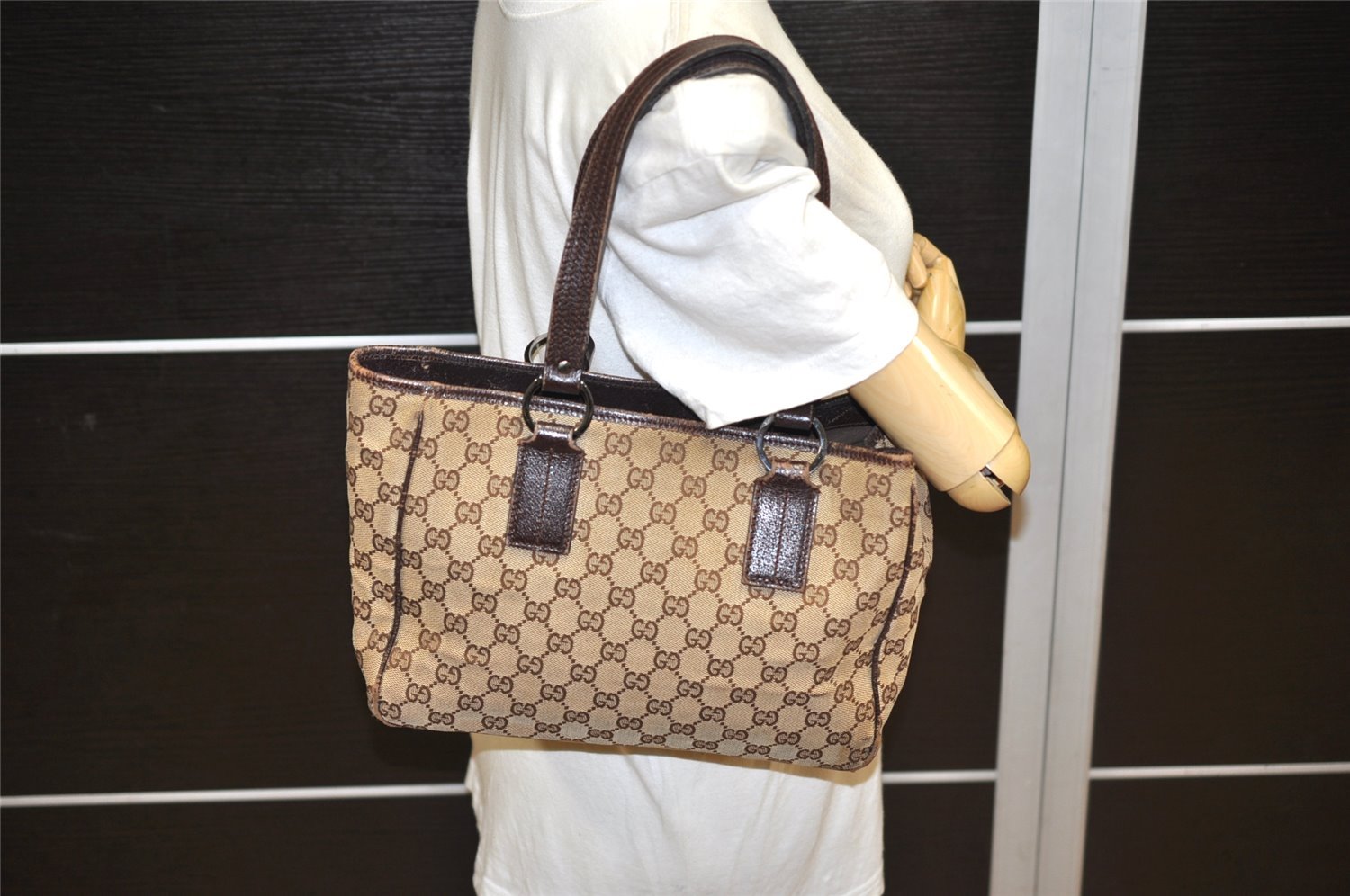 Authentic GUCCI Vintage Shoulder Tote Bag GG Canvas Leather 113019 Brown 1820K