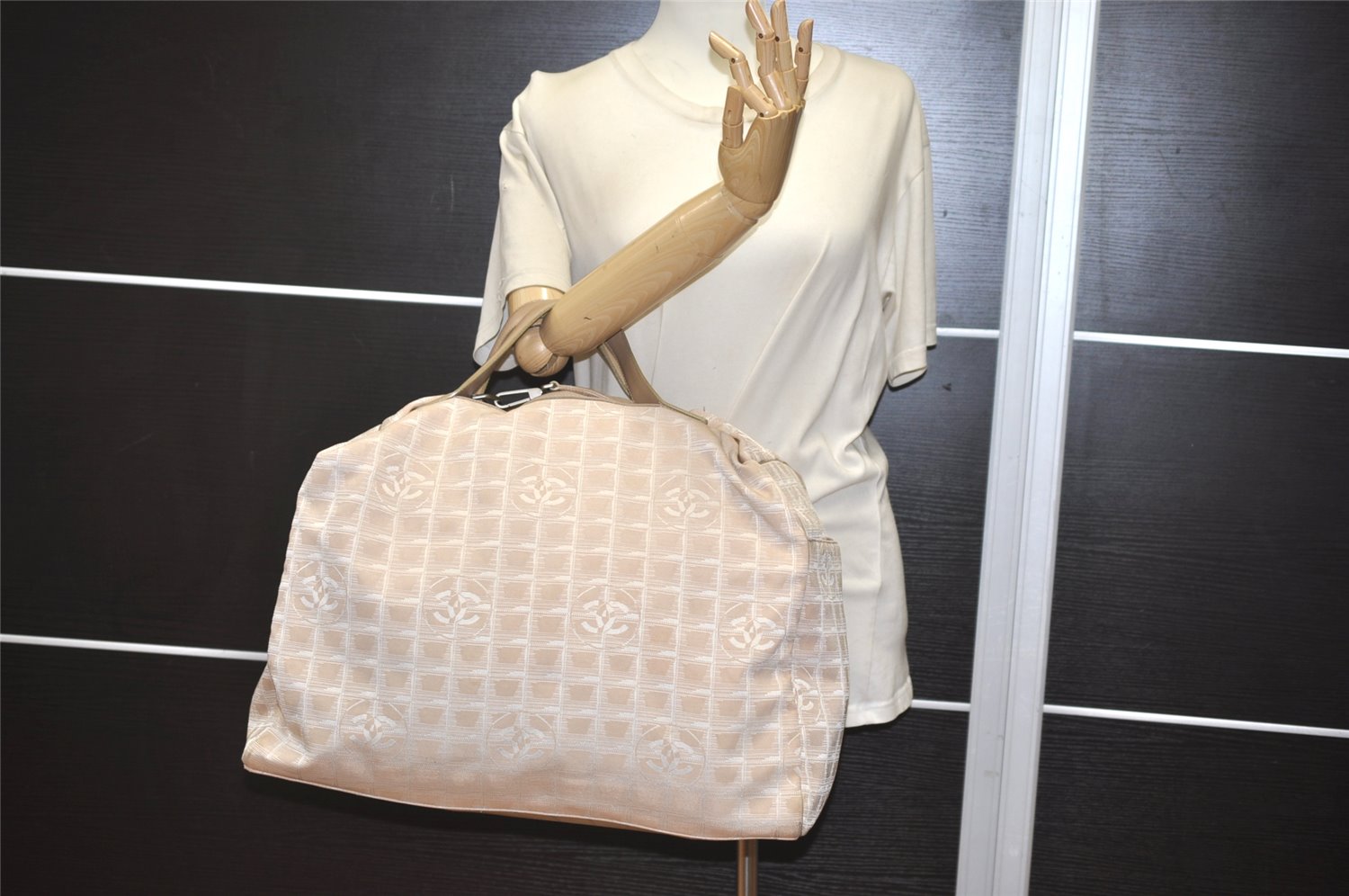 Authentic CHANEL New Travel Line 2Way Boston Bag Nylon Leather Beige 1825K