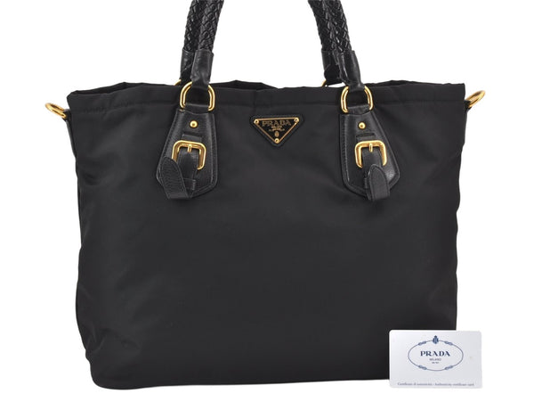 Authentic PRADA + VITELLO Nylon Leather 2Way Tote Bag BN1826 Black 1826K
