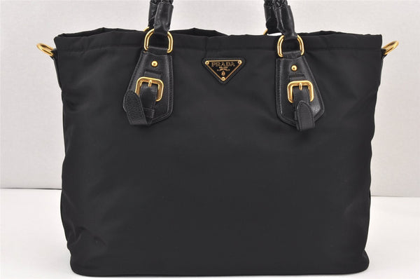 Authentic PRADA + VITELLO Nylon Leather 2Way Tote Bag BN1826 Black 1826K
