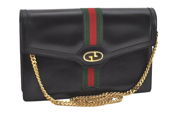 Authentic GUCCI Web Sherry Line Chain Shoulder Cross Bag Leather Black 1827J