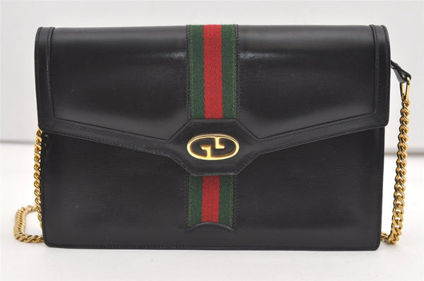 Authentic GUCCI Web Sherry Line Chain Shoulder Cross Bag Leather Black 1827J