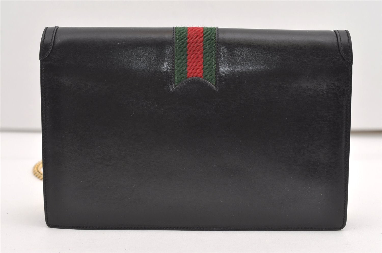 Authentic GUCCI Web Sherry Line Chain Shoulder Cross Bag Leather Black 1827J