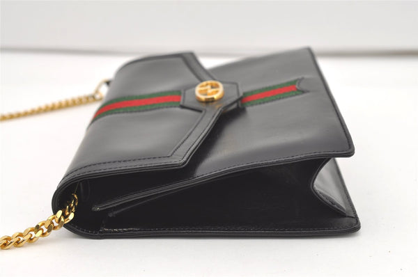 Authentic GUCCI Web Sherry Line Chain Shoulder Cross Bag Leather Black 1827J