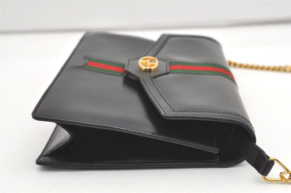 Authentic GUCCI Web Sherry Line Chain Shoulder Cross Bag Leather Black 1827J