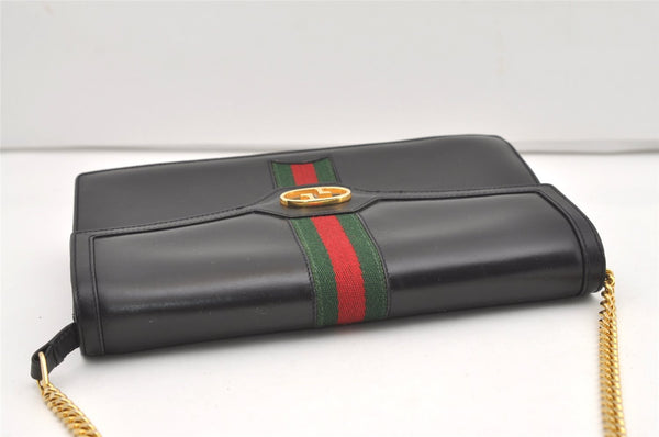 Authentic GUCCI Web Sherry Line Chain Shoulder Cross Bag Leather Black 1827J