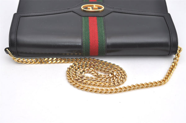 Authentic GUCCI Web Sherry Line Chain Shoulder Cross Bag Leather Black 1827J