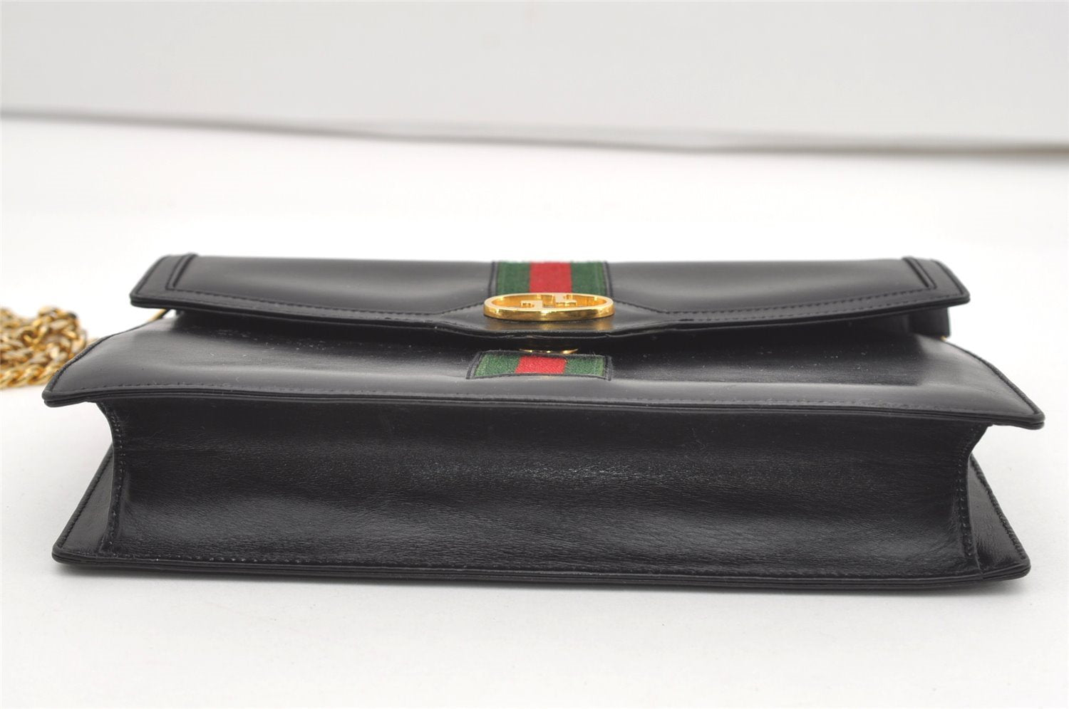 Authentic GUCCI Web Sherry Line Chain Shoulder Cross Bag Leather Black 1827J