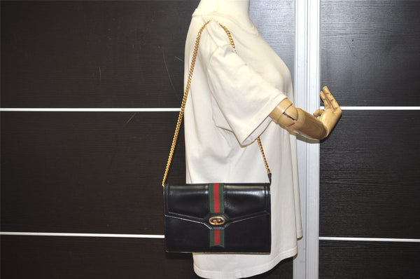 Authentic GUCCI Web Sherry Line Chain Shoulder Cross Bag Leather Black 1827J