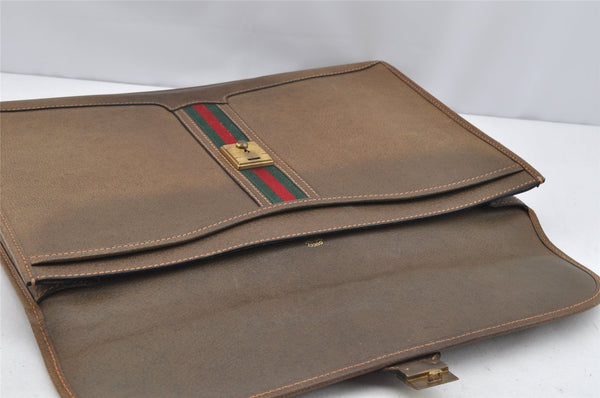 Authentic GUCCI Web Sherry Line Vintage Document Case Leather Brown 1832I