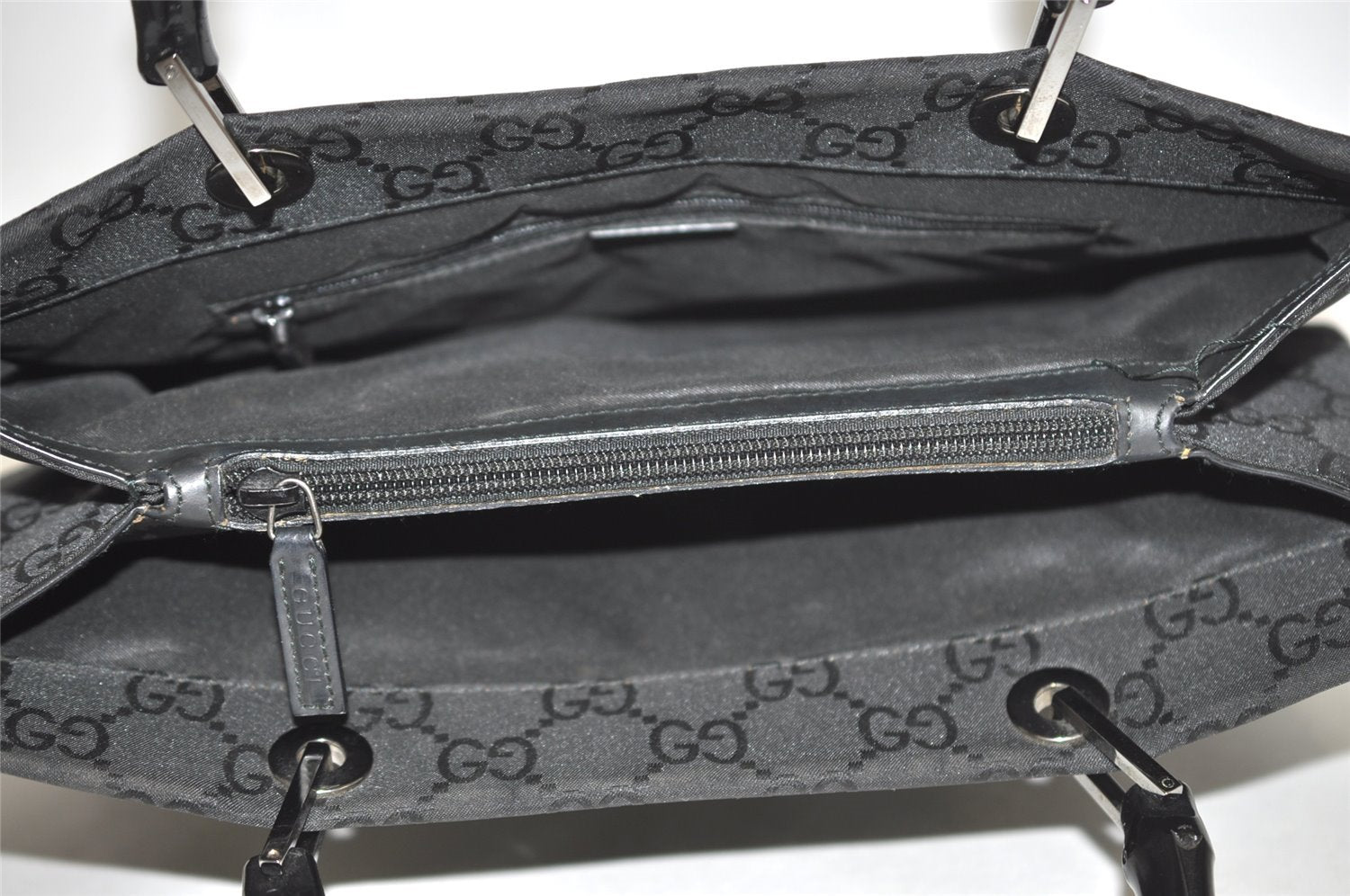 Authentic GUCCI Vintage Bamboo Hand Bag GG Nylon Leather 0021010 Black 1833I