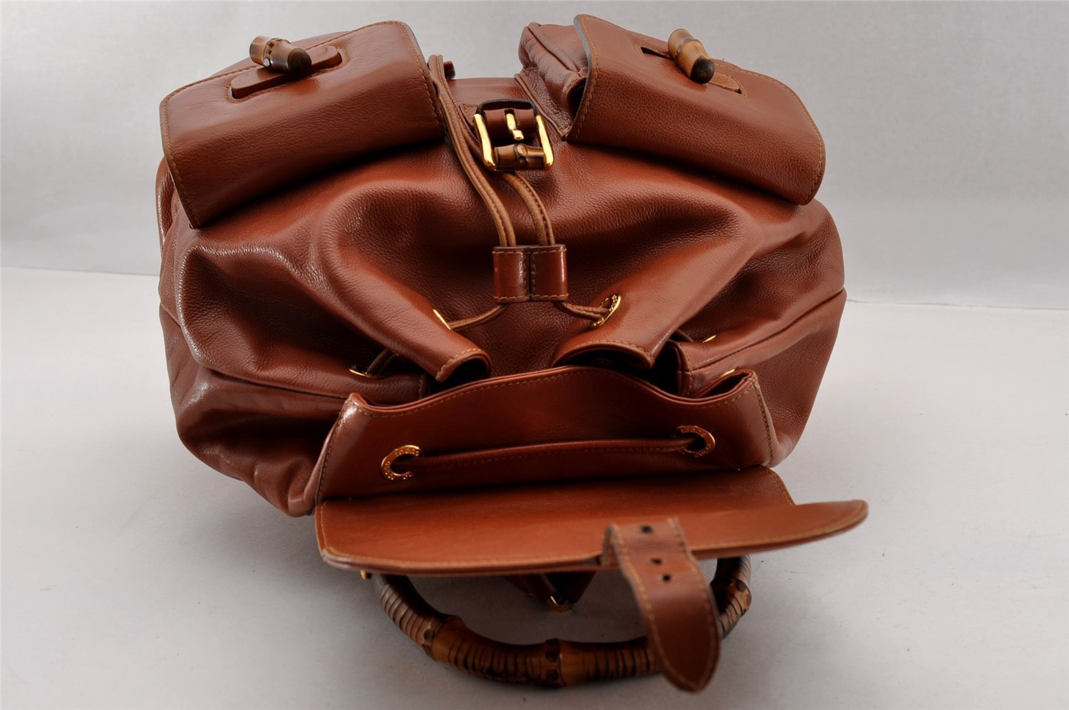 Authentic GUCCI Vintage Bamboo Drawstring Backpack Leather Brown 1836I