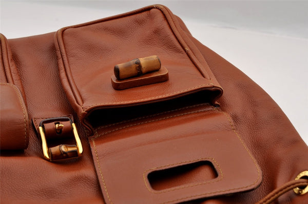 Authentic GUCCI Vintage Bamboo Drawstring Backpack Leather Brown 1836I