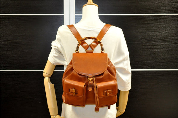 Authentic GUCCI Vintage Bamboo Drawstring Backpack Leather Brown 1836I