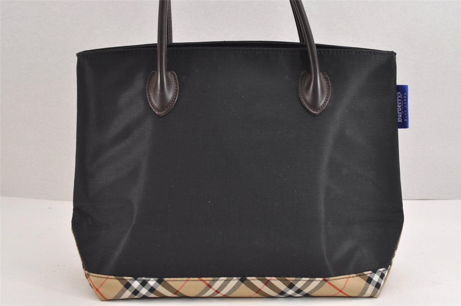 Authentic BURBERRY BLUE LABEL Check Hand Tote Bag Nylon Leather Black 1839J